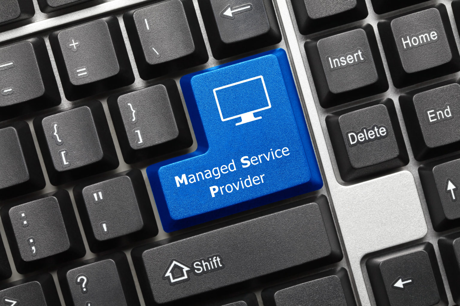 Close up,view,on,conceptual,keyboard, ,managed,service,provider,(blue